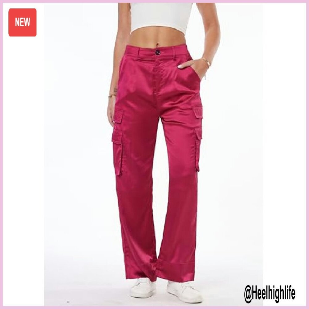 Satin Wide Leg Cargo Pants with Pockets High Waist Elastic - Picture 5 of 8